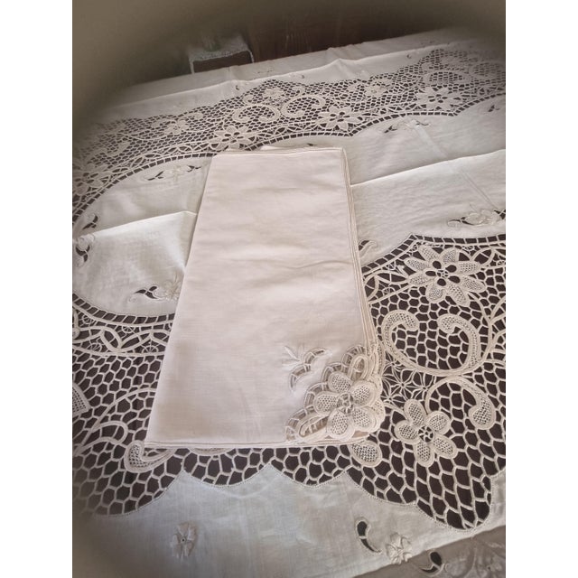 Linen Tablecloth with Fine Macrame Lace and Hand Embroidery, 1950s, Set of 13 For Sale - Image 4 of 6