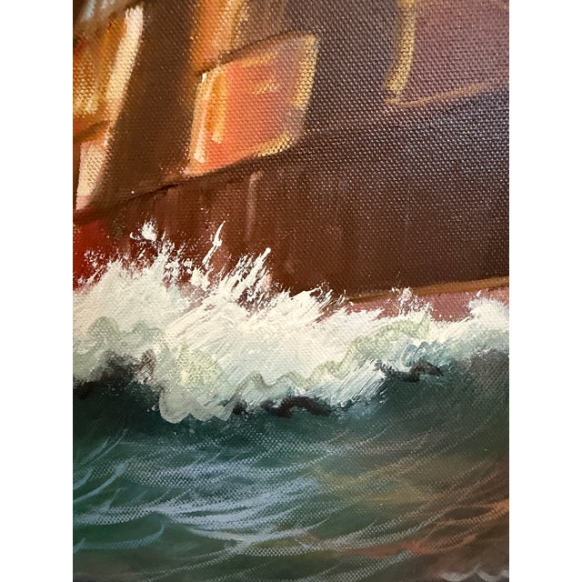 Sky Blue Tall Ship Seascape Oil Painting on Canvas Clipper Ship Nautical Art Framed For Sale - Image 8 of 11