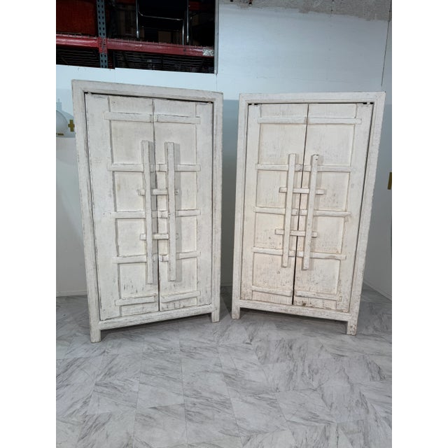 1960s Set of 2 Rustic Whitewashed Wooden Armoire With Geometric Relief Doors For Sale - Image 10 of 10