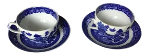 Antique Blue &White Willow English Transfer Cup & Saucer Set- 4 Pieces