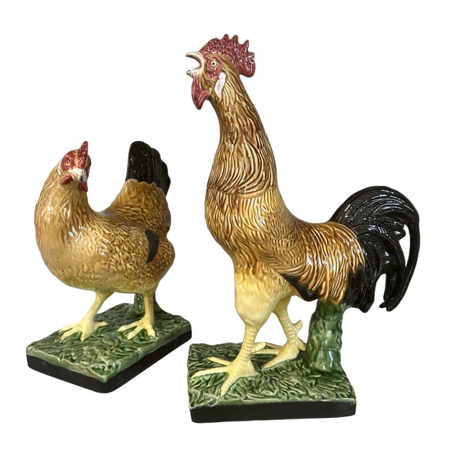 Bordallo Pinheiro Hen and Rooster Large Figurines - Set of 2 For Sale