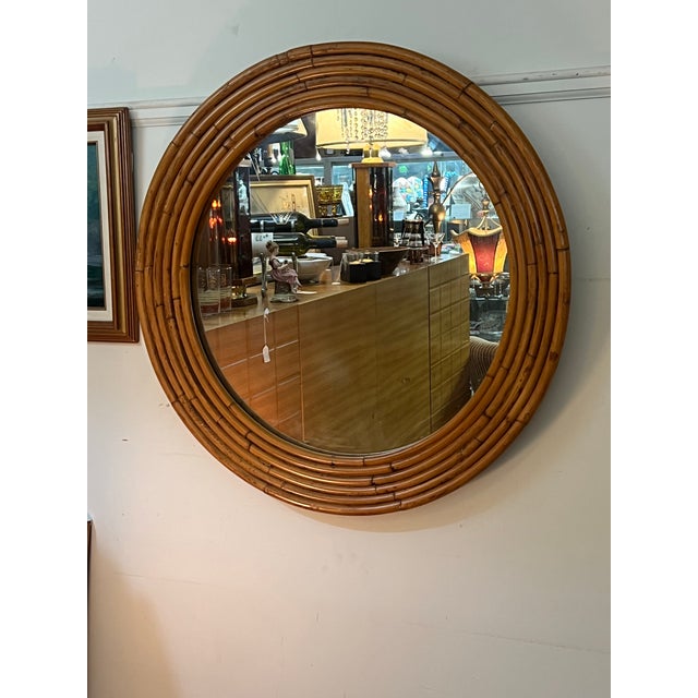 Italian Mid 20th Century Burnt Bamboo Rattan Round Layered Mirror For Sale - Image 4 of 8