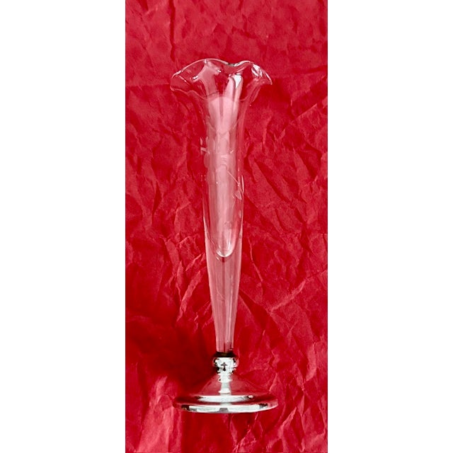 Etched Glass Etched Flowers Bud Vase Sterling Silver Base 7” H For Sale - Image 4 of 12