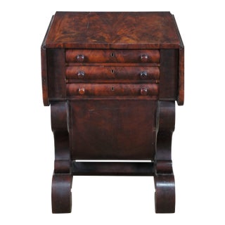 Antique American Empire Crotch Mahogany Drop Leaf Sewing Work Side Table Cabinet For Sale