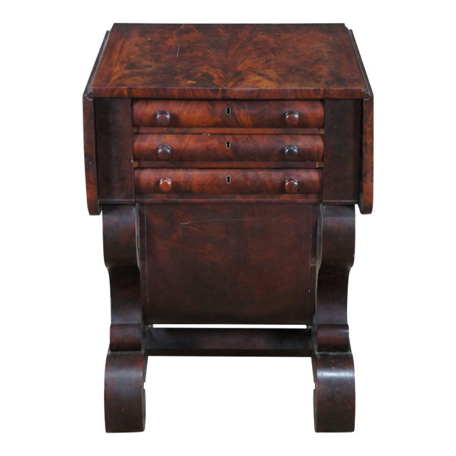 Antique American Empire Crotch Mahogany Drop Leaf Sewing Work Side Table Cabinet For Sale