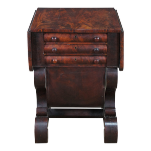 Antique American Empire Crotch Mahogany Drop Leaf Sewing Work Side Table Cabinet