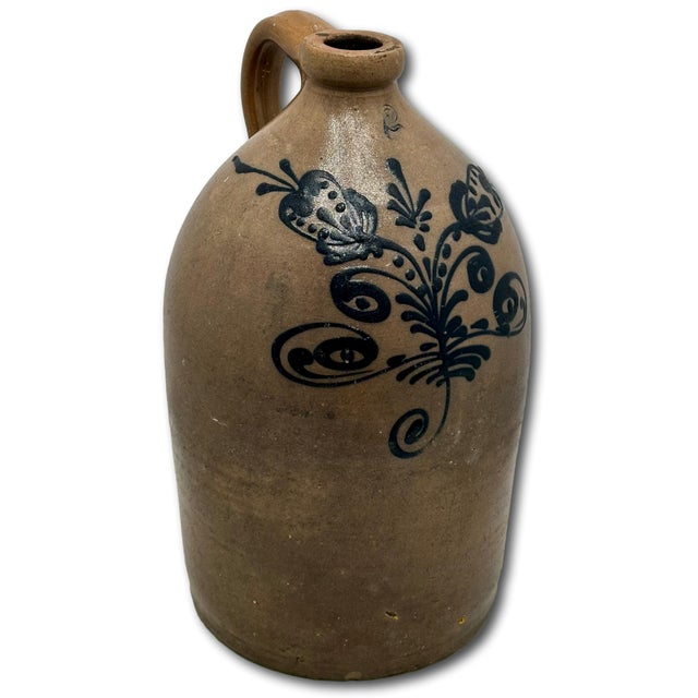 Navy Blue Great Mid 1800s Antique American 2 Galllon Stoneware Jug With Bold Artiscally Hand Decorated Navy Blue Flower Design For Sale - Image 8 of 18