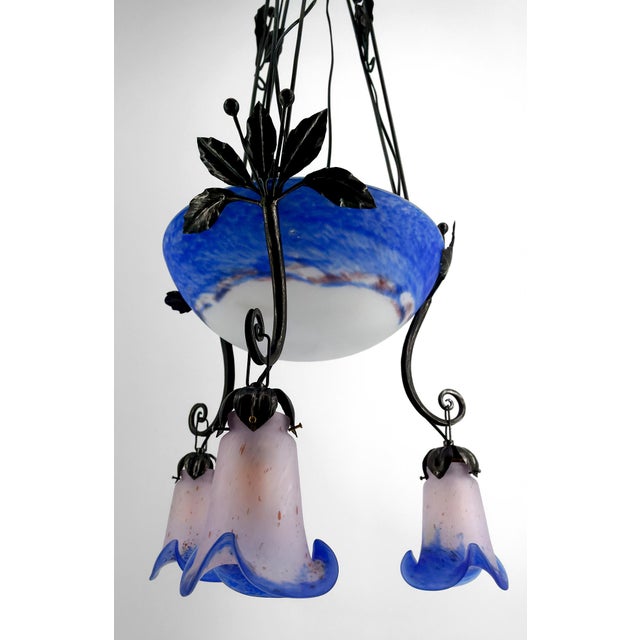 Art Deco Wrought Iron Chandelier with Blue Blown Glass, France For Sale - Image 5 of 12