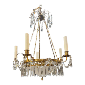 1930 Swedish Empire Chandelier With Crystals and Etched Glass