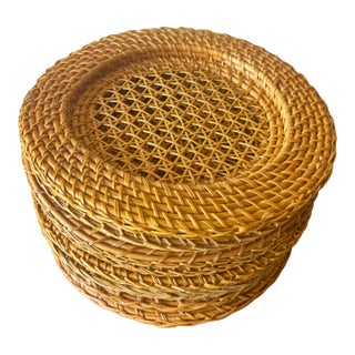 Vintage 1970s Coastal Rattan Cane Woven Charger Placemats - Set of 8 For Sale