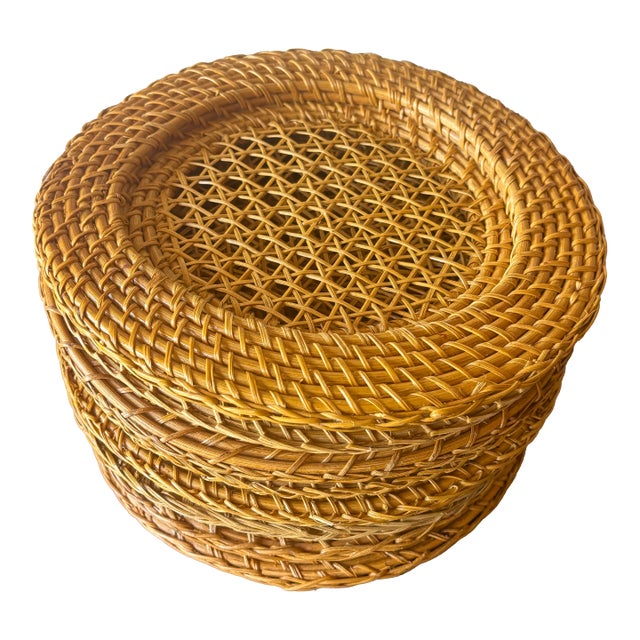 Vintage 1970s Coastal Rattan Cane Woven Charger Placemats - Set of 8 For Sale