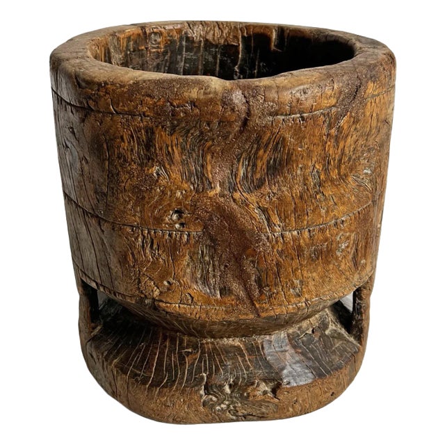 Vintage Rustic India Wood Pestle Pot For Sale