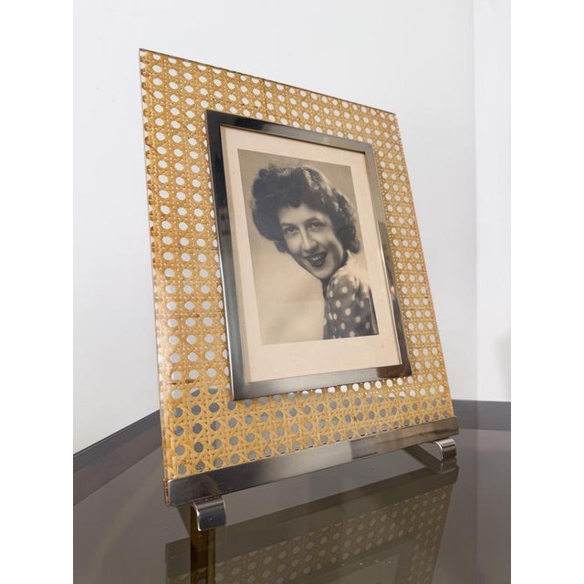 Wood Large Picture Frame in Acrylic Glass, Cane Webbing and Brass in the style of Christian Dior, 1970s For Sale - Image 7 of 17