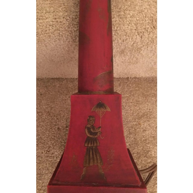 1990s Hand-Painted Red Wooden Chinoiserie Lamp For Sale - Image 5 of 13