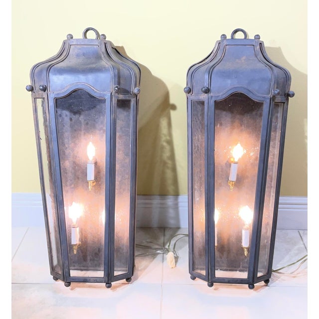 1980s Large Exceptional Pair of Hand-Forged Iron Wall Lanterns Architectural Sconces For Sale - Image 5 of 14