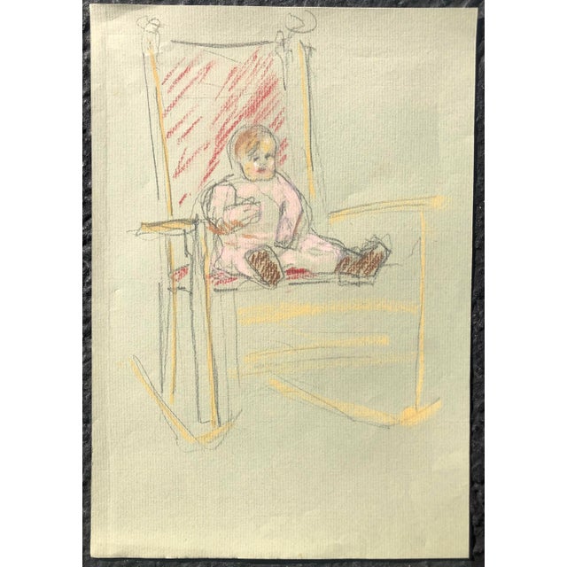 Unsigned 1960s pastel drawing of a baby in a chairs. On light green paper.