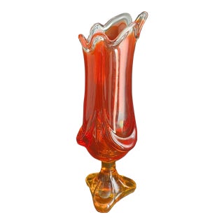 Vintage 1960s Viking Art Glass Amberina Orange Pedestal Footed Vase With Drape For Sale
