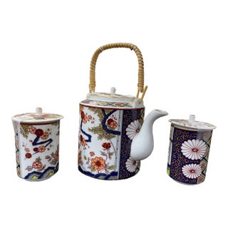 Vintage Imari Style Tea Set. Lidded Tea Pot With 2 Lidded Glasses For Sale