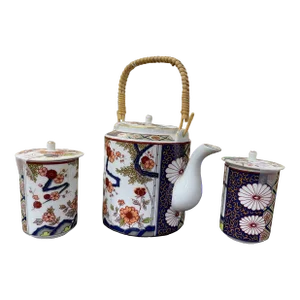 Vintage Imari Style Tea Set. Lidded Tea Pot With 2 Lidded Glasses