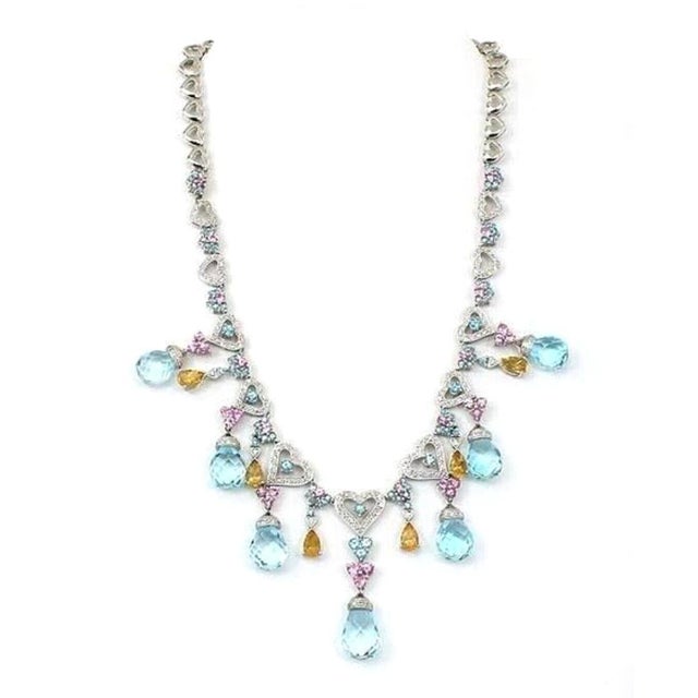 Silver Diamond & Gems 18k White Gold Hearts Drop Bib Necklace For Sale - Image 8 of 9