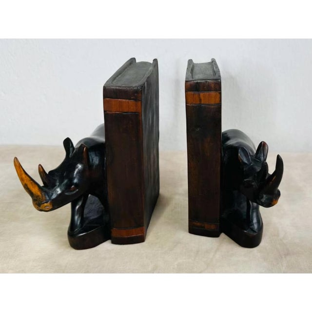 Pair of Antique Carved Wooden Rhinoceros Bookends, Ebonized Finish. For Sale - Image 6 of 9
