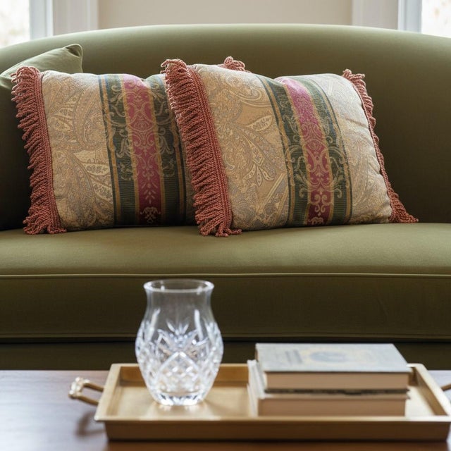 Coordinated set of two vintage Croscill decorative lumbar pillows featuring an elegant woven paisley jacquard with...