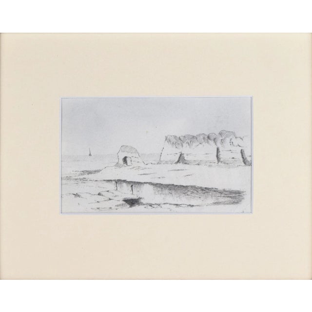 Antique English seascape drawing of a coastline with cliffs and an inlet with a ship along the horizon. Graphite on very...