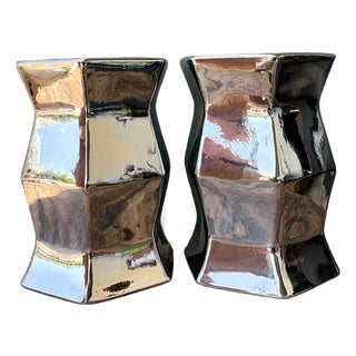 Vintage Faceted Metallic Glaze Low Stools - A Pair For Sale
