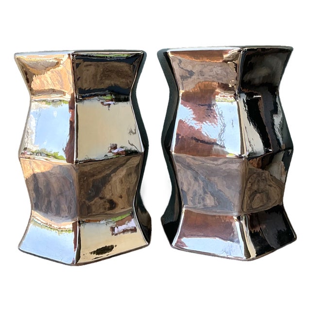 Vintage Faceted Metallic Glaze Low Stools - A Pair For Sale