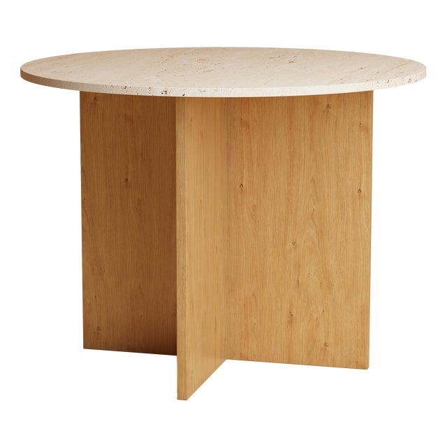 Round Dining Table in Roman Travertine and Oak by Lebanto For Sale