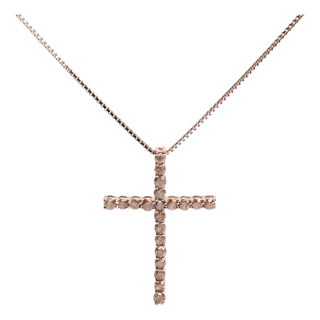 14K Rose Gold Plated .925 Sterling Silver 1.0 Cttw Champagne Diamond Gold Cross Pendant Necklace for For Sale