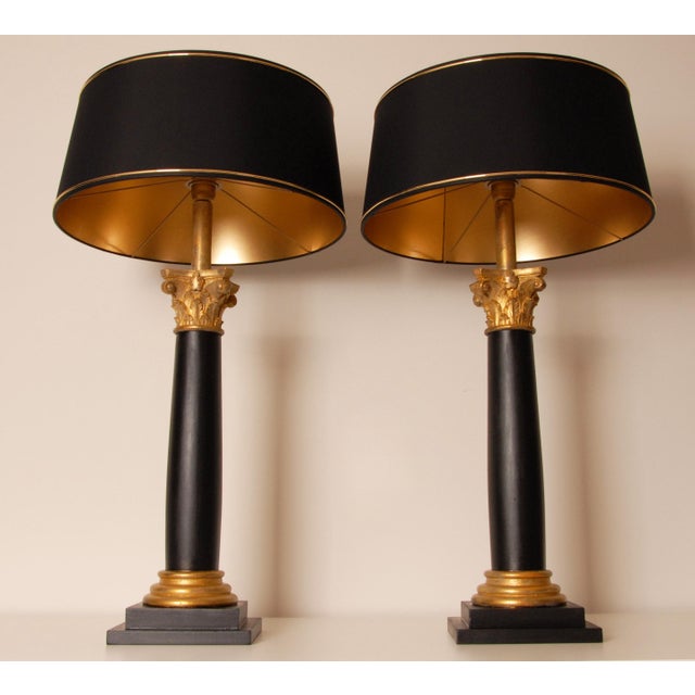 Wood Vintage Italian Table Lamps Corinthian Column Lamps Black Gold Wood Hand Carved - A Pair For Sale - Image 7 of 9