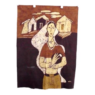 Vintage Indian Fabric Art Wall Hanging Female Portrait India Batik Style Print For Sale
