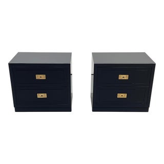 Mid 20th Century Pair of Dixie Furniture Act II Campaign Style Nightstands Lacquered in Mirror Finish Navy Blue With Original Brass Hardware For Sale
