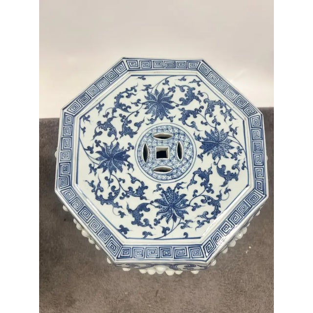 1980s Chinese Qianlong Style Porcelain Octagonal Garden Blue & White Stool, a Pair For Sale - Image 5 of 14
