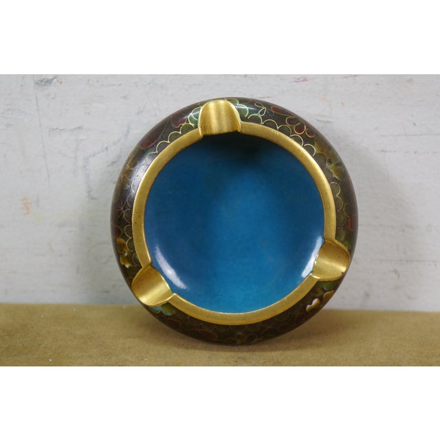 Blue 3 Chinese Brass Cloisonne Blue Enameled Floral Bud Vases & Ashtray For Sale - Image 8 of 14
