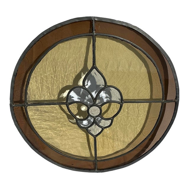 Large Vintage Round Stained Glass and Beveled Glass Round Panel For Sale