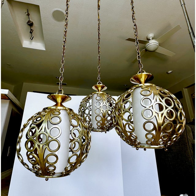 Trio (3) Mid-Century Hollywood Regency Pierced Brass Cluster Pendant Chandelier $4,500 For Sale - Image 15 of 18