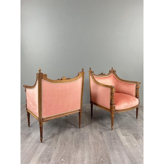 Wood 20th Century Louis XVI Bergère Armchairs in Carved Wood and Velvet, Set of 2 For Sale - Image 7 of 13