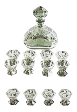Vintage Murano Glass & Inlaid Silver Decanter & 12 Pieces