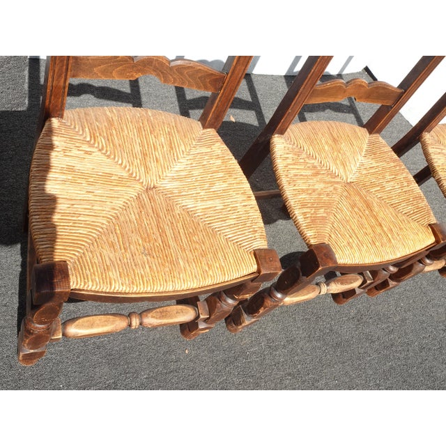 Set of Four Antique French Country Brown Rush Ladderback Chairs For Sale - Image 14 of 18