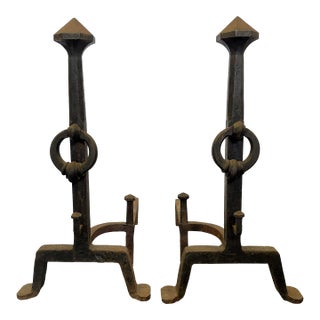 Early 1900's Addison Mizner Mediterranean/ Spanish Colonial Revival Hand Forged Wrought Iron Andirons - A Pair For Sale