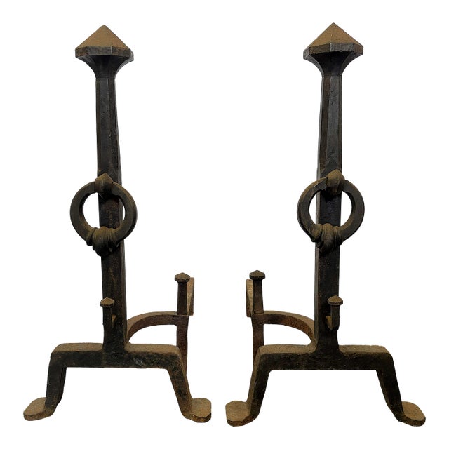 Early 1900's Addison Mizner Mediterranean/ Spanish Colonial Revival Hand Forged Wrought Iron Andirons - A Pair For Sale