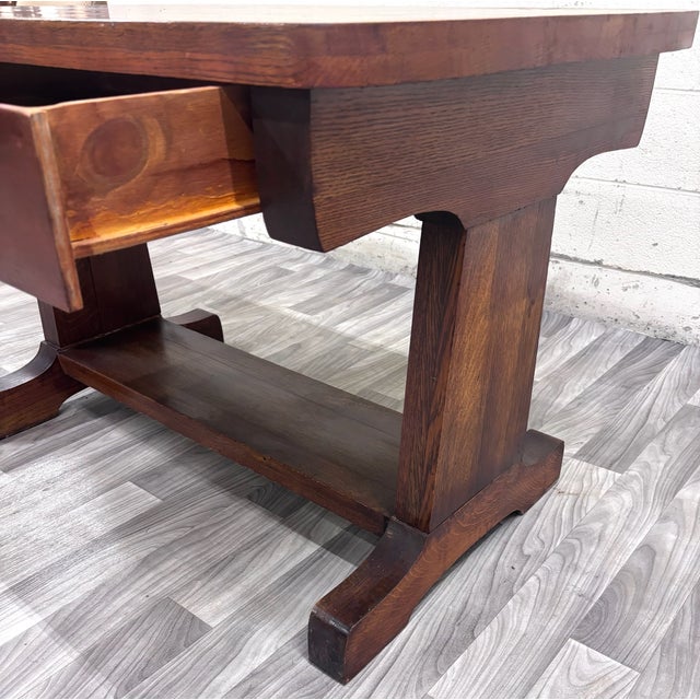 Antique Mission Oak Trestle Pedestal Base Library Table Console Hall Table For Sale - Image 12 of 14