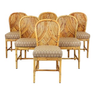 Set of Six Rattan Parquetry Bistro Chairs by McGuire, 1975 For Sale