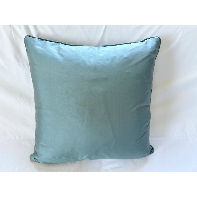 Pair of Custom Blue-Green Silk-Cotton Square Pillows With Cord Detail For Sale - Image 4 of 12