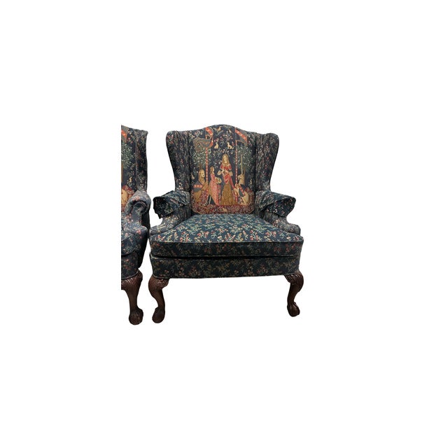 Pair of Vintage Tapestry Wingback Armchairs With Medieval Hunt Scene Fabric For Sale - Image 4 of 9