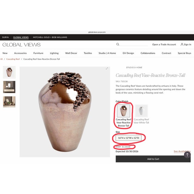 Studio a/Global Views Cascading Reef Reactive Bronze Tall Italian Ceramic Vase For Sale - Image 9 of 10