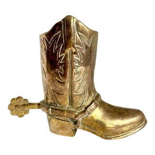 Vintage Brass Cowboy Western Boot With Spur Vase For Sale