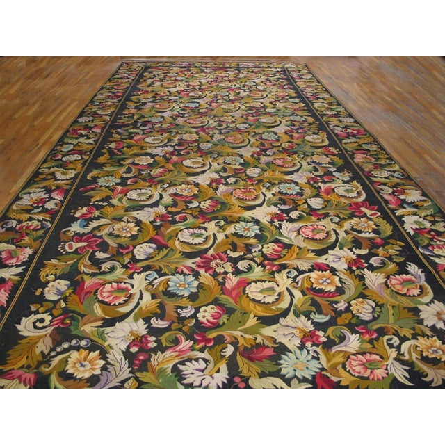Antique European needlepoint rug, size: 10'6" x 24'9". Needlepoint Reproduction needlework carpet. The delicate patterns...